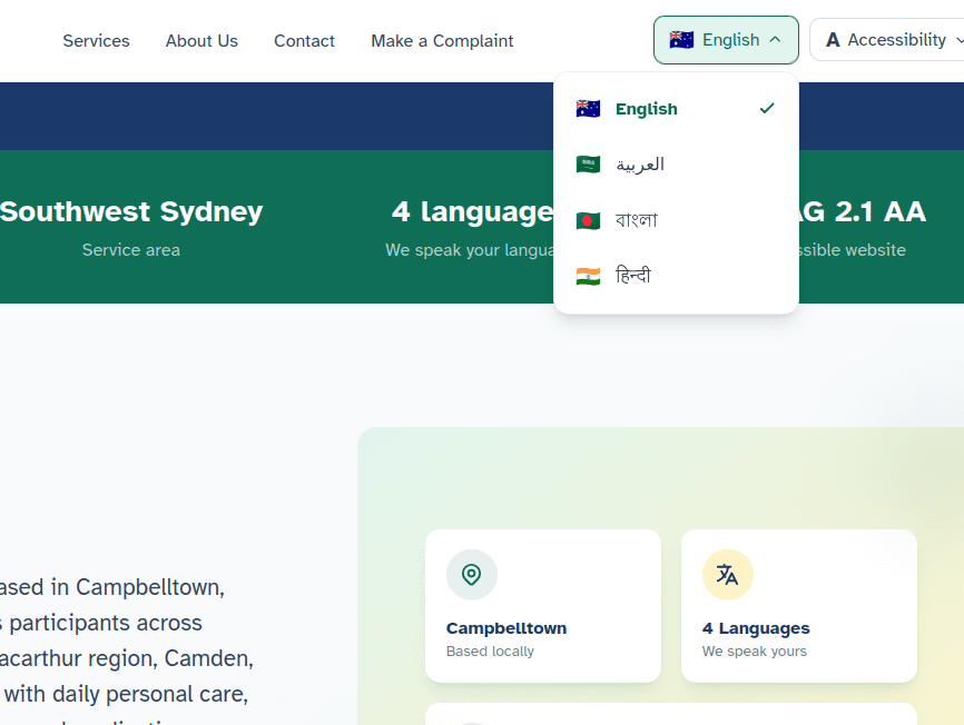 NDIS Compliance Website — Multilanguage toolbar